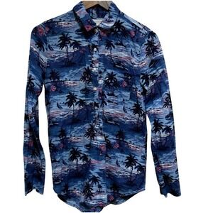 J Crew Blouse Womens 2 XS Blue Tropical Beach Lightweight Cotton Popover Top